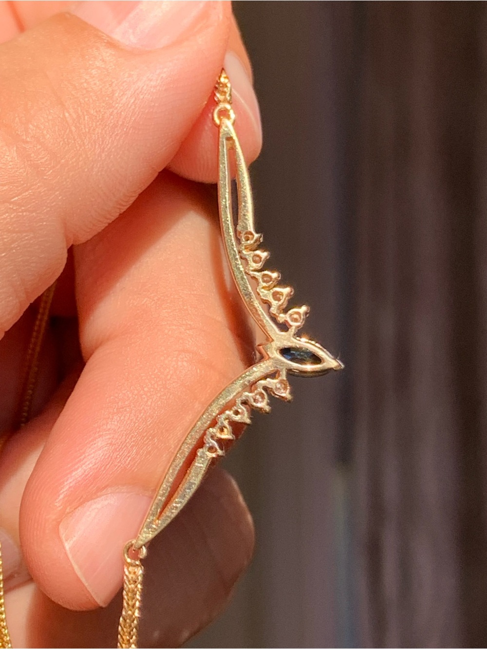14k Gold Wing Necklace with Blue Sapphire Marquise Stone and Clear Diam Accents - Picture 6 of 11